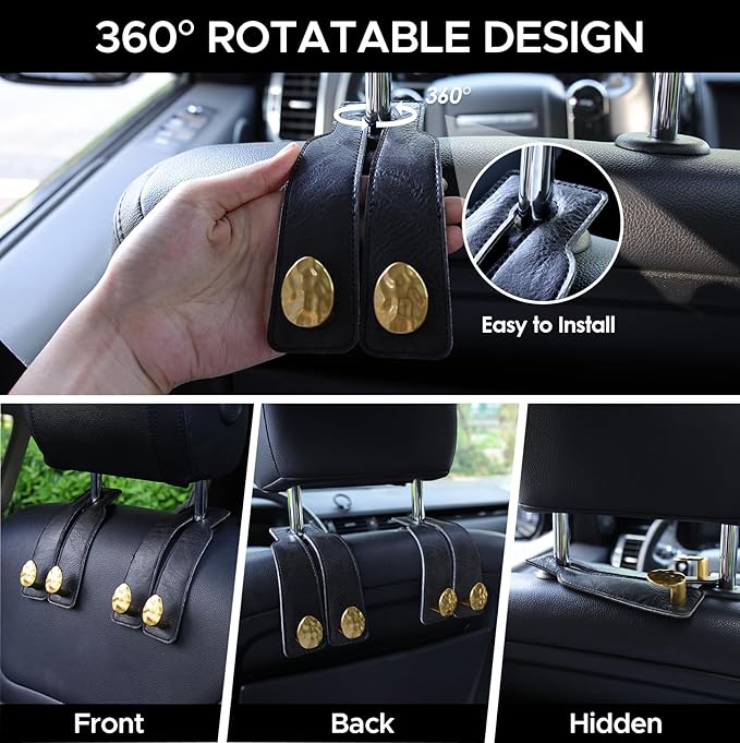 URIZZD 2PCS Leather Car Seat Hooks for Headrest, Vehicle Hanger Storage Organizer Universal for Handbag Purse, Car Accessories Gift (Black-Gold)