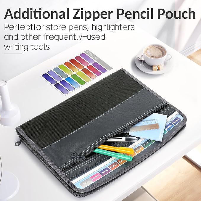 Sooez Accordion File Organizer with Safe Zipper, 12 Pocket Expanding File Folder with Front Pencil Pouch, Portable Monthly Paper Bill Tax Receipt Organizer, School Office Supplies, Letter Size, Green