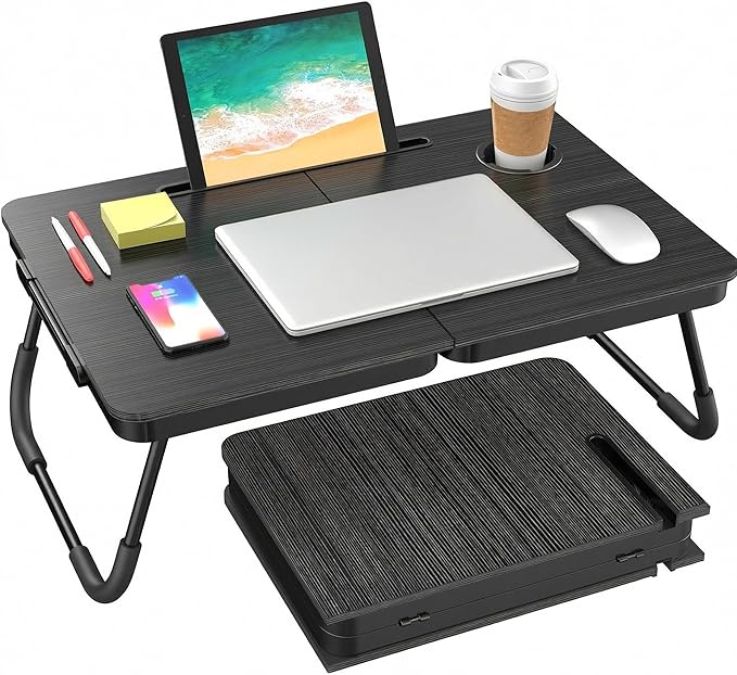 BUYIFY Foldable Laptop Bed Desk for Couch, Sofa - Large Lap Desk Tray Table with Cup Holder and Tablet Slot - Portable Notebook Stand for Eating, Writing, Studying and WFH (Black)- USA Original Patent