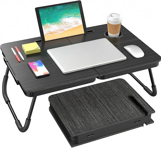 BUYIFY Foldable Laptop Bed Desk for Couch, Sofa - Large Lap Desk Tray Table with Cup Holder and Tablet Slot - Portable Notebook Stand for Eating, Writing, Studying and WFH (Black)- USA Original Patent