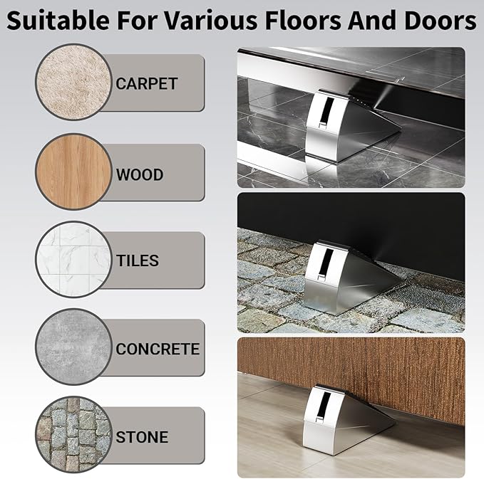 ZDZQJIA Heavy Duty Door Stoppers for Bottom of Door - Adjustable Spring Large Door Stop Wedge, Anti-Slip Rubber Grip,3" High Metal Doorstop Suits Carpet,Tile,Commercial,Home-Silver1Pc+1 Wall Protector