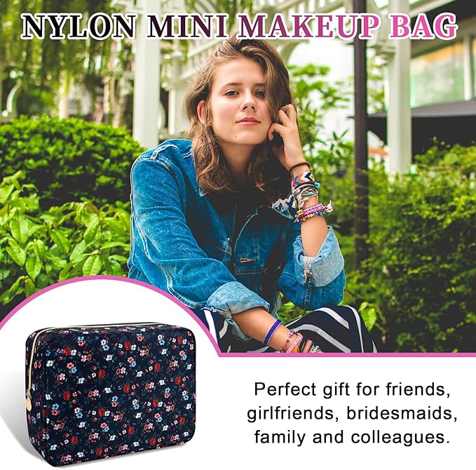 Waterproof Nylon Large Makeup Bag Travel Pouch, Floral Preppy Big Cosmetic Bag Make Up Organizer Toiletry Bag with Zipper, Large Capacity Cute Zipper Pouch Storage Bag for Women Girls(Black Rose)