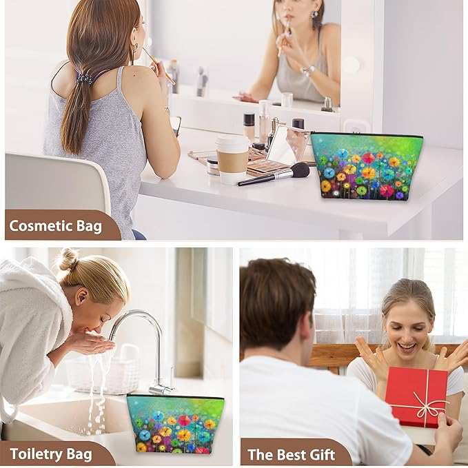 Watercolor Floral Makeup Bag Travel Cosmetic Bag for Women,Yellow Green Abstract Small Make up Pouch Travel Bags for Toiletries Aesthetic Accessories Waterproof Gifts