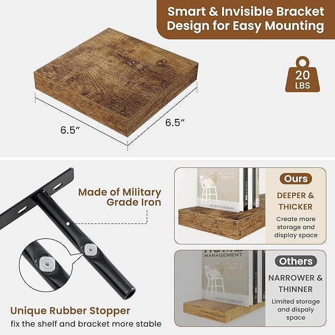 fuqing Floating Shelves for Wall, Wall Mounted Wood Floating Shelf with Invisible Brackets for Living Room, Bathroom, Bedroom, Kitchen Storage and Decor, 6.5 Inch Set of 3, Rustic Brown