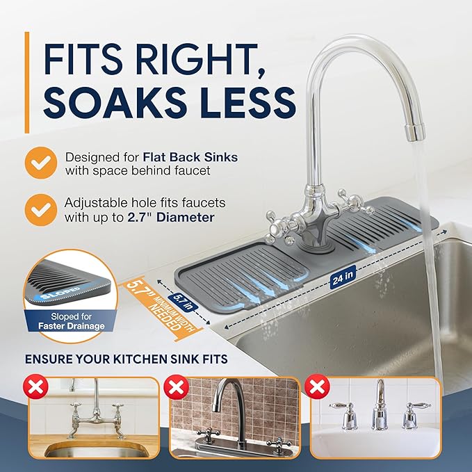 24” Silicone Faucet Mat For Kitchen Sink, Kitchen Sink Splash Guard Behind Faucet, Kitchen Faucet Mat For Kitchen Sink, Kitchen Sink Faucet Mat Splash Guard and Sink Water Splash Guard (Gray)