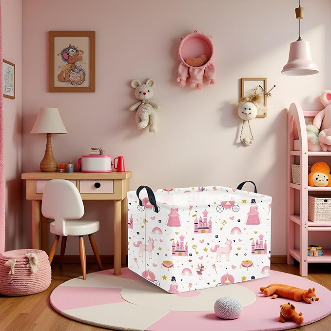 Rectangular Kids Storage Basket Baby Storage Basket with Handles for Home Kitchen Boys and Girls Cute Toy Storage Bin Organizer Shelf Book Room Decor(Princess Castle)