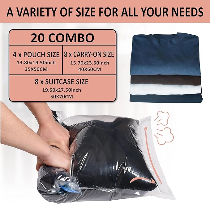 Compression Bags for Travel - Travel Essentials - 20 Pack Space Saver Bags - No Vacuum Needed - Compression Packing Bags for Cruise Accessories