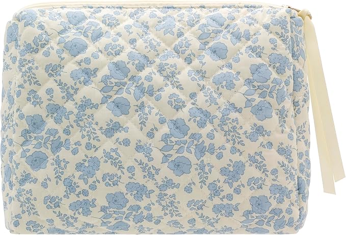 PAZIMIIK Quilted Makeup Bag Large Travel Zipper Soft Cosmetic Pouch for Women Girls Make Up, Little Flower Blue