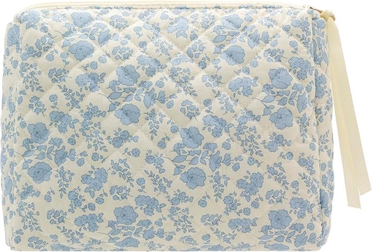 PAZIMIIK Quilted Makeup Bag Large Travel Zipper Soft Cosmetic Pouch for Women Girls Make Up, Little Flower Blue