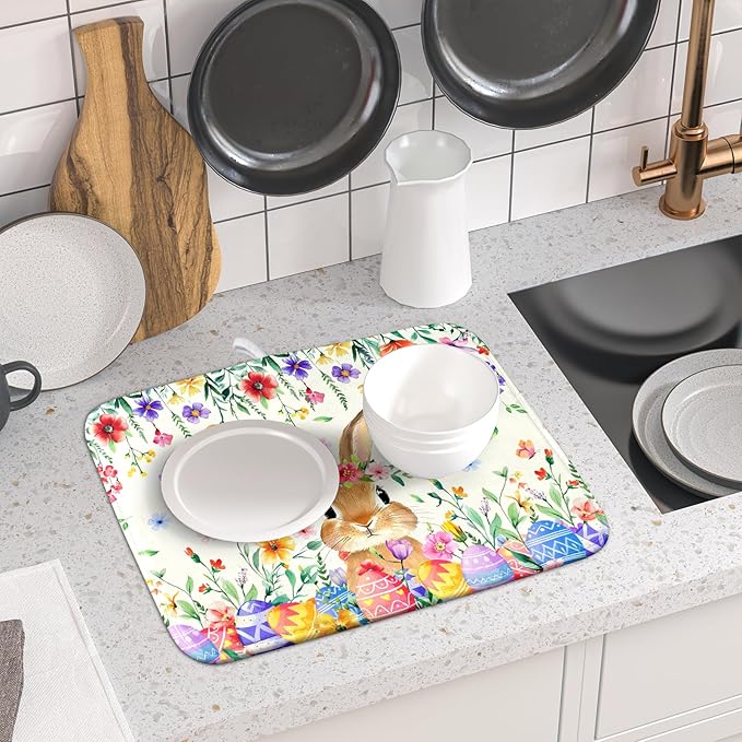 Giwawa Easter Rabbit Dish Drying Mat Spring Flower Dish Drainer Rack Mats 16x18 inch Absorbent Microfiber Fast Dry Pad Kitchen Counter Accessories