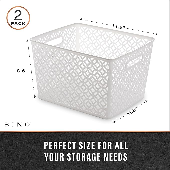 BINO l Plastic Storage Baskets, XLarge - White l THE BLOSSOM COLLECTION l Multi-Use Organizer Bin l Built-in Handles l Plastic Woven Basket for Organizing l Pantry & Home Organizing Basket