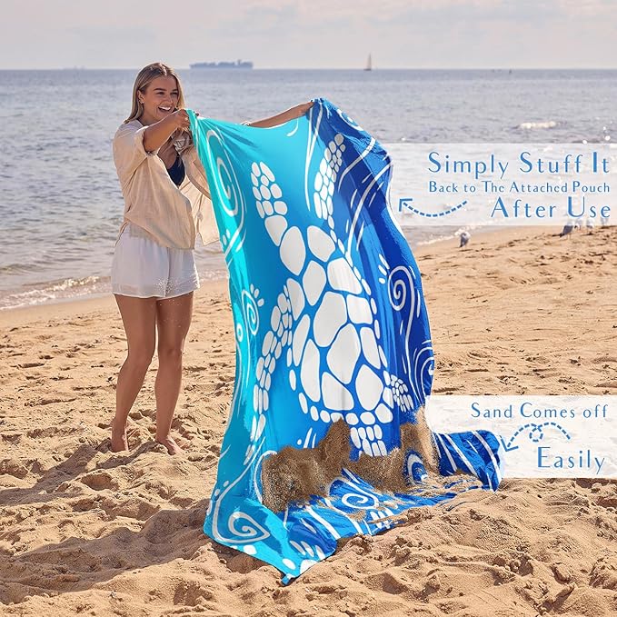 WEKAPO Beach Blanket Waterproof Sandproof Oversized Extra Large Sand Free Beach Mat with Stakes, Storage Bag - Essentials for Outdoor Beach, Picnic (Gradient Blue Sea Turtle, 11 X 9 FT (1~10 Person))