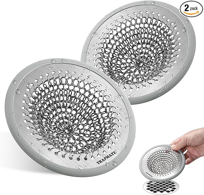 TRAPMATE Shower Drain Cover, 2PCS Prevent Clogging Shower Drain Hair Catcher, Non-Slip Stainless Steel Drain Protector, Patented Bathroom Accessory for US Standard Flat Drains of Bathroom