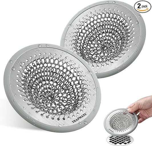 TRAPMATE Shower Drain Cover, 2PCS Prevent Clogging Shower Drain Hair Catcher, Non-Slip Stainless Steel Drain Protector, Patented Bathroom Accessory for US Standard Flat Drains of Bathroom