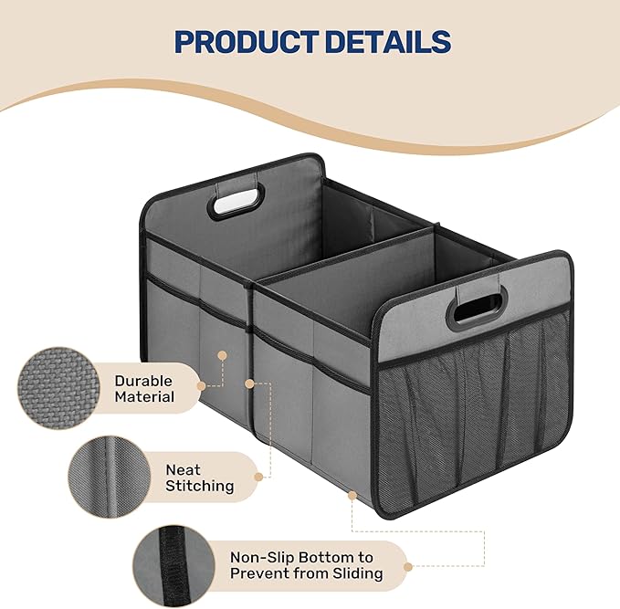 YSSOA Trunk Organizer for Car/SUV/Truck, Collapsible 2 Compartment Automotive Storage Box, 600D Waterproof Oxford Polyester 50L Travel Accessories, Anti-slip & Leak-proof, Grey