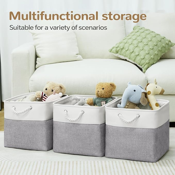 VQRTEXA 13 x 13 Inch Cube Storage Bins, 6 Pack Fabric Storage Basket with Handles, Foldable Boxes Organizer for Shelf Baskets for Home, Clothes (White/Grey)