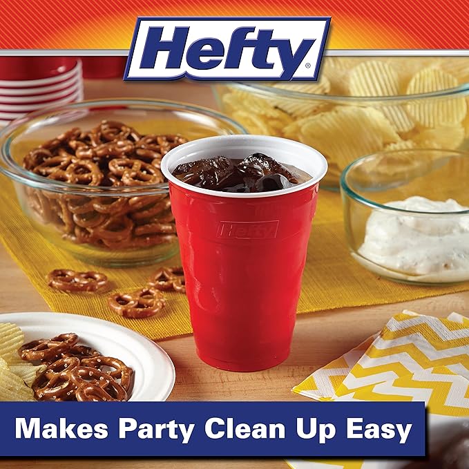 Hefty Party On Disposable Plastic Party Cups, 30 Count, 18 Oz Red Cups for Parties, Tailgates, Birthdays, Holidays, and More, Contoured Shape for Easy Gripping, Strong and Durable