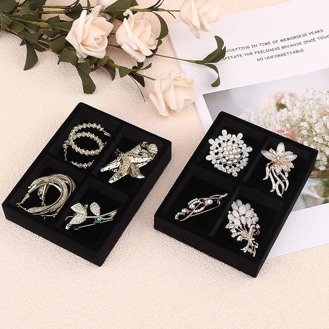 DesignSter Small Jewelry Tray-Ring Organizer 2PCS Premium Velvet Rings Earrings Display Tray Storage Insert Holder for Jewelry Box, Drawer, Dresser (4 Grids, Black)