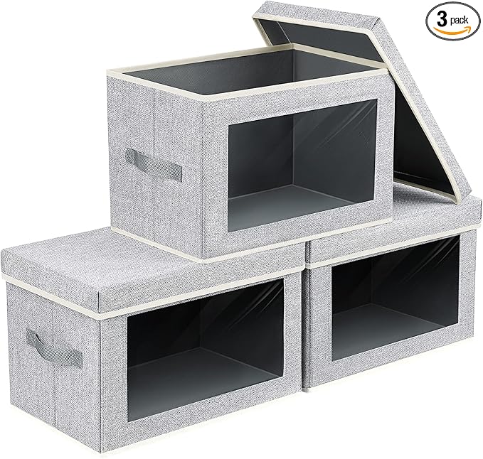 Fabric Storage Bins with Lids - 3 Packs Storage Cubes with Window, Foldable Storage Baskets Bins for shelves, Closet Storage Boxes for Towels, Clothes, Home, Office, Blended