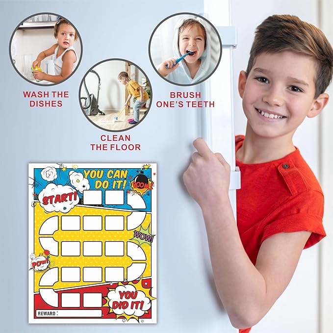 10 Reward Chart with 206 Golden Star Stickers-Comic Theme-Incentive Chart,Positive Behavior Reward Chart for Kids,Toddler Homework Assignments, Attendance(8"X10")-A02