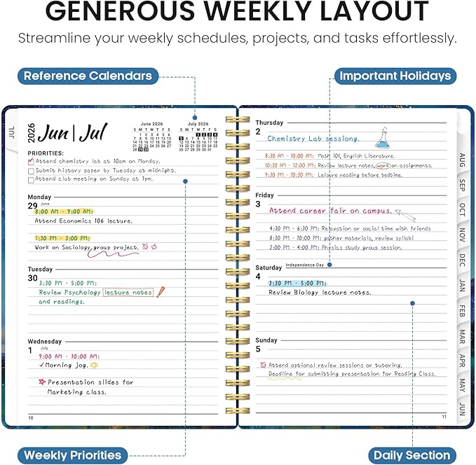 Planner 2026-2027, Academic Year Monthly and Weekly Calendar Planner, Jul 2026 - Jun 2027, Hardcover Teacher Student Planning Agenda book with Tabs, Perfect for School Office Supplies, 8.5" x 11" - Starlit Peaks