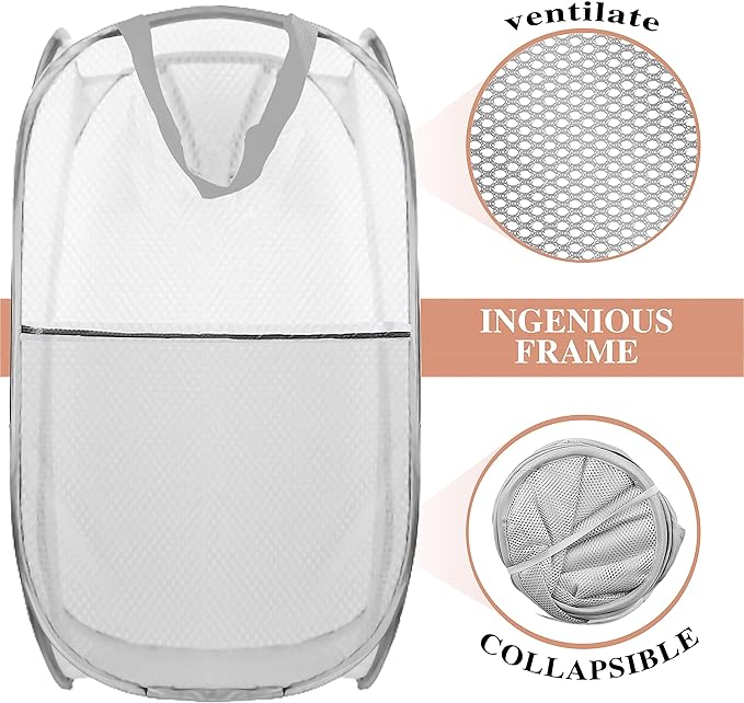 Collapsible Pop Up Laundry Hamper, Extra Large Mesh Foldable Laundry Basket, 28" x 16" x 16", 2 Pack (Black + Gray)