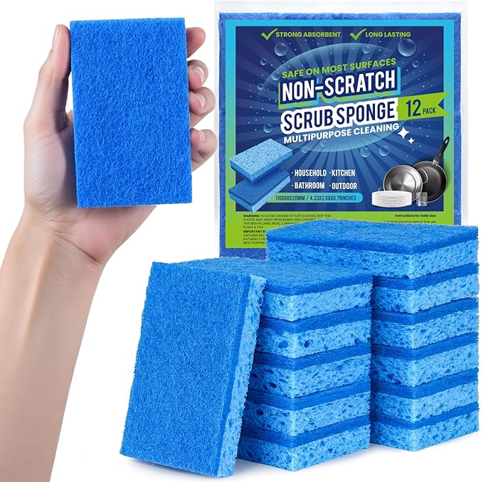 Metflavor Kitchen Sponges, 12 Count, Non-Scratch Scrub Sponge, Dual Sided Cleaning Sponges for Dishes, Kitchen, Bathroom