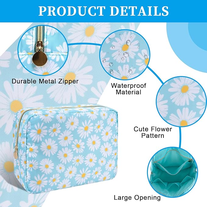 Waterproof Nylon Large Makeup Bag Travel Pouch, Floral Preppy Big Cosmetic Bag Make Up Organizer Toiletry Bag with Zipper, Large Capacity Cute Zipper Pouch Storage Bag for Women Girls(Blue Daisy)