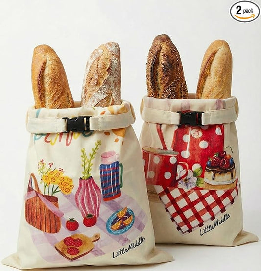 2 XL Beeswax Bread Bags for Homemade Bread, Sourdough – Reusable, Plastic-Free, Keeps Fresh, Washable, Compostable (Beige with Picnic)