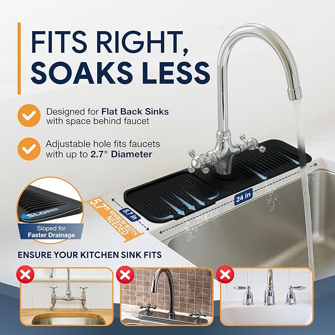 24” Silicone Faucet Mat For Kitchen Sink, Kitchen Sink Splash Guard Behind Faucet, Kitchen Faucet Mat For Kitchen Sink, Kitchen Sink Faucet Mat Splash Guard and Sink Water Splash Guard (Black)