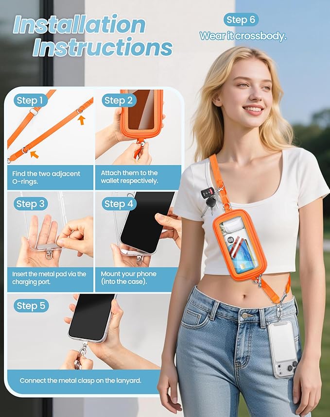 SHANSHUI Clip and Go Phone Lanyard Wallet, Hands-Free Crossbody Strap with Zipper Pocket & ID Window, Includes 2 Metal Tether Pads for Phones, Keys, Earphones, Accessories Orange