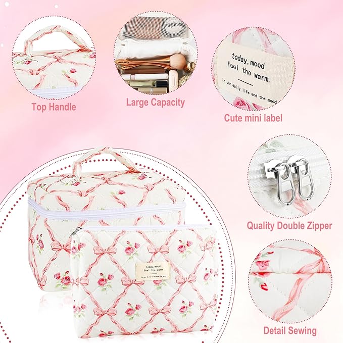 2Pcs Cotton Quilted Makeup Bag for Women Girls Large Small Travel Floral Cosmetic Bags Set Cute Coquette Pink Makeup Pouch for Purse Aesthetic Cloth Flower Storage Toiletry Bag Organizer
