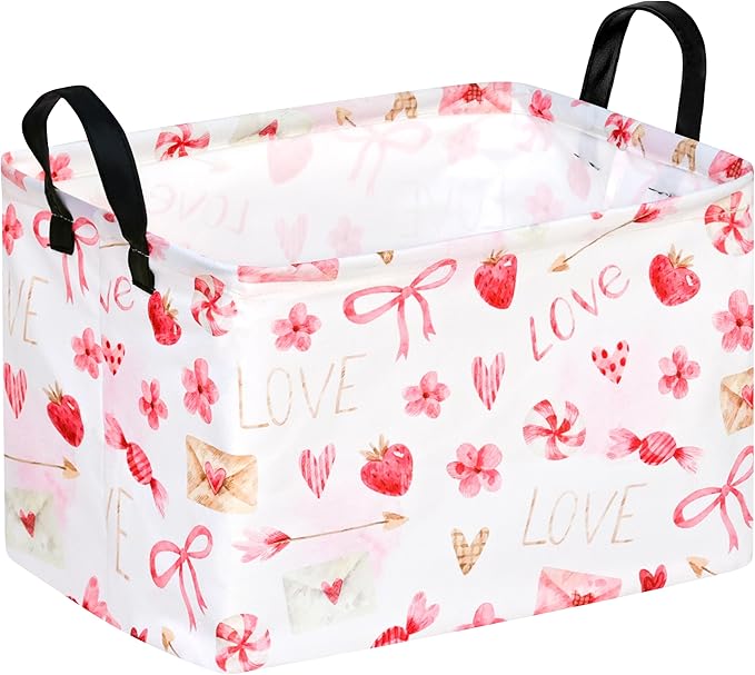 MAIZMZ Empty Gift Basket for Girls Heart Print Storage Cube for Women, Closet Shelf Waterproof Organizer Bins with Handles Nursery hamper Kids Toys Books Box Room Deco