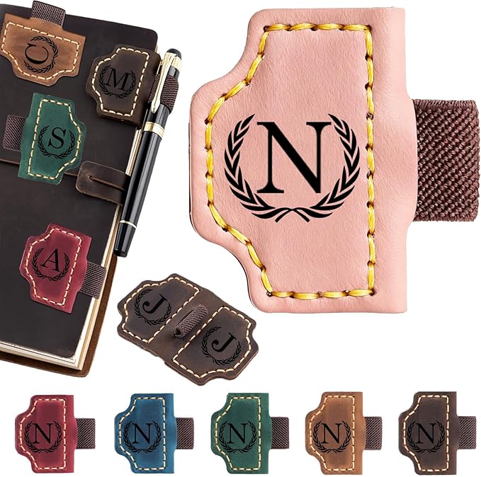 Artlaza Personalized Magnetic Leather Bookmark with Pen Holder - 26 Letters Custom Book Mark with Name Initial Engraved Book Marker for Readers, Book Lovers, Travelers - Gift for Women & Men(Pink，N
