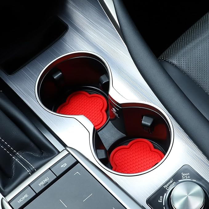 GaRhomxy Car Cup Holder Coaster, Universal Non-Slip Recessed Flower Shaped Cup Holders, Cute Car Accessories Interior for Women and Man Interior Sets 4 Pack (Red)