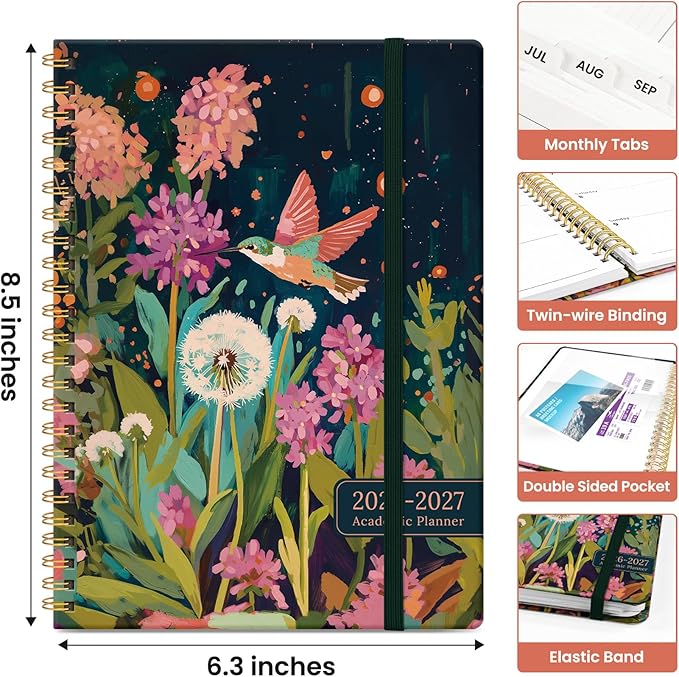 Planner 2026-2027, Academic Year Monthly and Weekly Calendar Planner, Jul 2026 - Jun 2027, Hardcover Teacher Student Planning Agenda book with Tabs, Perfect for School Office Supplies, 6.3" x 8.5" - Humming Glow