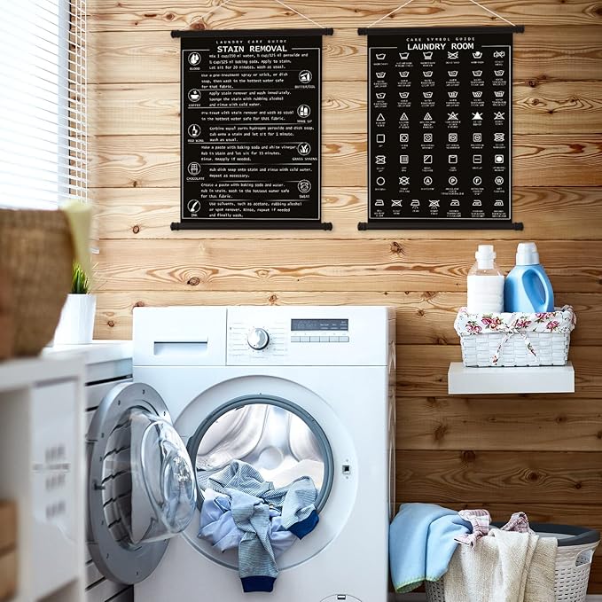 Gersoniel 2 Pieces Laundry Room Decor Symbols Wall Art Hanging Symbols Guide Wall Decor Stain Removal Theme Sign Laundry Care Room Art Ready to Hang Sign, 11.8 x 15.7 Inches(Black)
