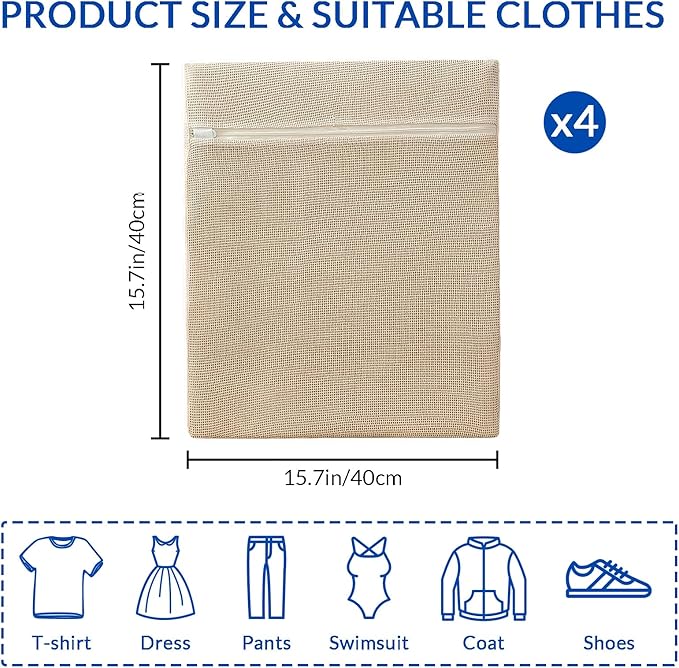 4Pcs Large Cotton Mesh Laundry Bags for Delicates, Breathable Mesh Garment Bag for Washing Machine, Travel Wash Bags with Zipper for Bras, Underwear, Socks, Clothes, Laundry Dorm Room Essentials