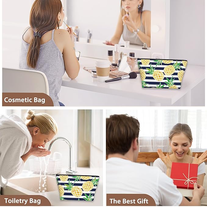 Cartoon Pineapple Cosmetic Bag Blue White Stripes Makeup Bags,Travel Make up Bags for Women Girls Cute Zipper Pouch Toiletry Organizer Bag Travel Essentials