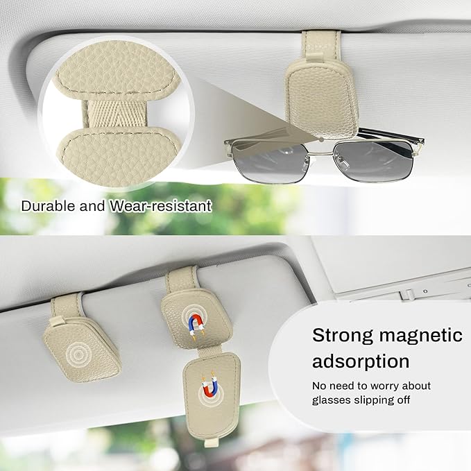 SINGARO Sunglasses Holder for Car, Leather Magnetic Buckle Sun Visor Sunglass Clip, Ticket Card Storage Glasses Clip, Car Interior Accessories for Men and Women（2PCS Beige）