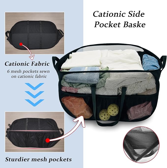 100L Extra Large Mesh Pop Up Hamper with Handles and bag, Upgraded Cationic XL Collapsible Laundry Baskets, Portable Stair Basket, Dirty Clothes Hamper for Cruise Travel Bedroom. Black