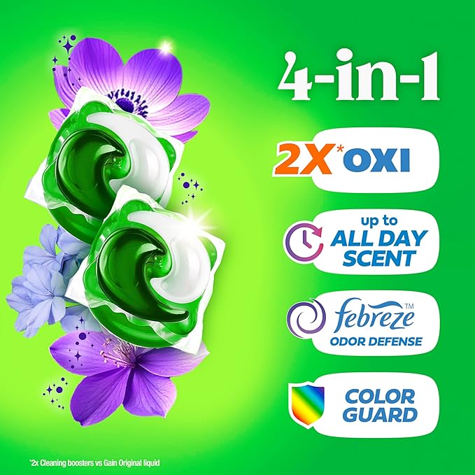 Gain Flings Liquid Washing Detergent Pods with Odor Defense + Color Guard, Moonlight Breeze Scent, 4-In-1 Liquid Laundry Detergent Pacs, Clean & Fresh, 76 Count (Packaging May Vary)