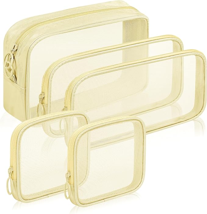 5 Pieces Mini Zipper Nylon Mesh Pouch, Mesh Cosmetic Bags Makeup Bags, Multipurpose Travel Toiletry Bags for Office Supplies and Travel Accessories (Beige, Assorted Sizes)