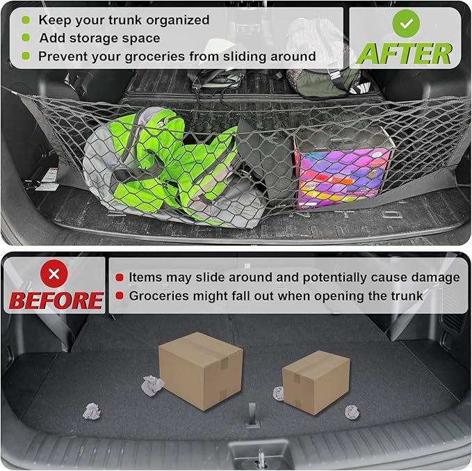Muslogy Envelope Style Trunk Cargo Net Compatible with 2021-2024 2025 Kia Sorento Accessories Custom Fit Trunk Organizer Upgraded Mesh Storage Luggage Net with Metal Hooks