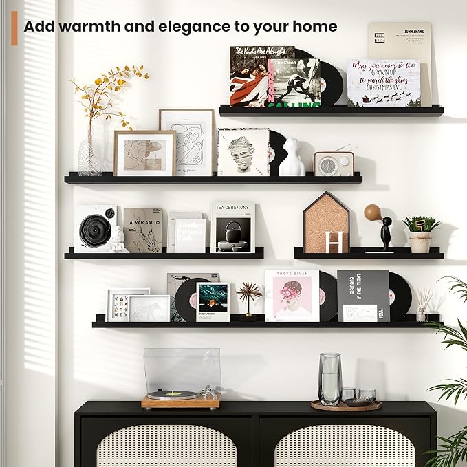 Fun Memories Picture Ledge Shelves Set of 2, 36 Inch Rustic Wall Mounted Floating Shelves with Lip for Home Storage and Decor in Bathroom, Kitchen, Nursery, Bedroom, Living Room, Black