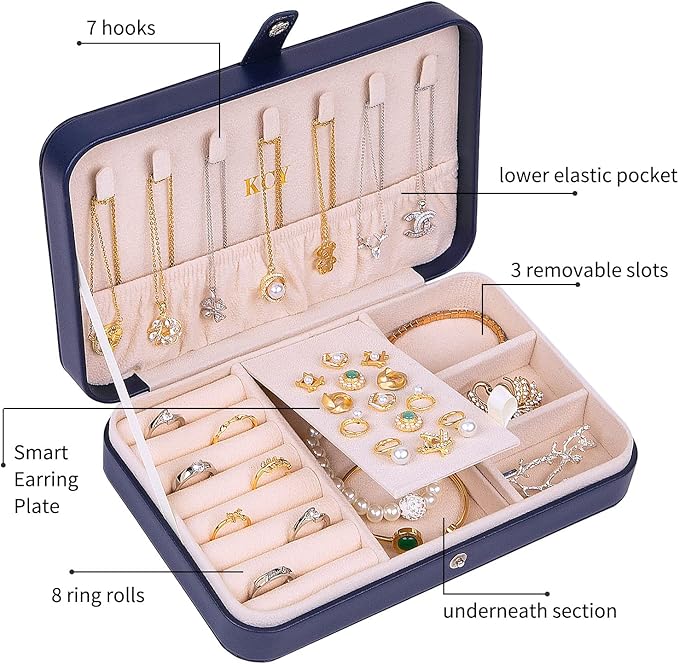 KCY Travel Jewelry Organizer Box for Women Girls, Small Travel Jewelry Case, PU Leather Portable Jewellery Storage Boxes Display Holder for Ring Earrings Necklace Bracelet Bangle, Gifts,Dark-blue