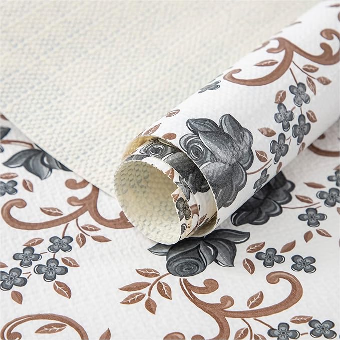 FIFTY FEET 18X96 Inch Shelf Liner for Kitchen Cabinets, PVC Drawer Liner for Dresser Non-Slip Bathroom, Non-Adhesive Cabinet Liner Washable (Black Floral)(6 Roll)