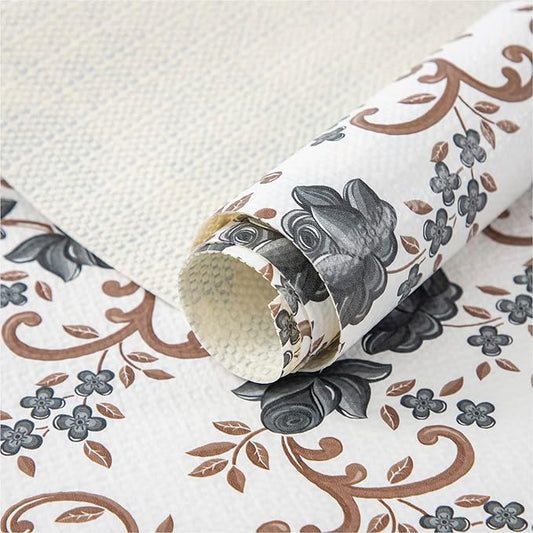 FIFTY FEET 18X96 Inch Shelf Liner for Kitchen Cabinets, PVC Drawer Liner for Dresser Non-Slip Bathroom, Non-Adhesive Cabinet Liner Washable (Black Floral)(6 Roll)