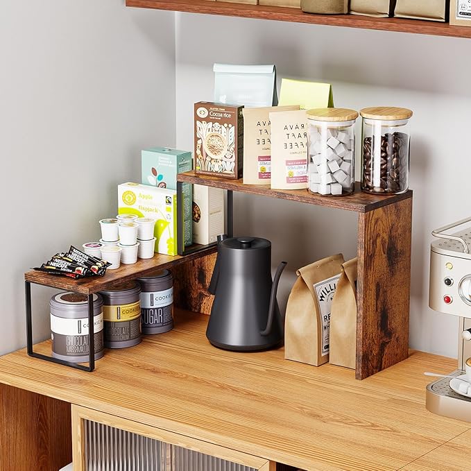 Kitchen Countertop Organizer, Spice Rack Cabinet Organizer Shelf Stackable Counter Corner Shelves Organization and Storage for Pantry, Countertop, Coffee Station Wood Rustic Brown