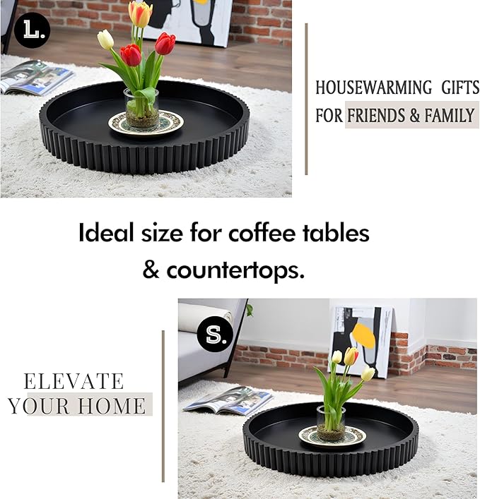 Modern Table Round Decorative Trays 2pcs Home Decor - Circle Coffee Table Centerpiece Set 12"/10" - Wooden Black Ottoman Tray with Fluted Edge